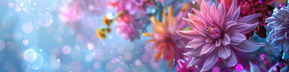 Several flowers are displayed on a wall with a blank frame in the blurred background, copy space, banner