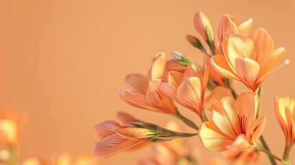 Freesia with a soft peach background, classic magazine style, gentle glow, frontal perspective