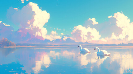 Two Graceful Swans gliding across a calm lake01