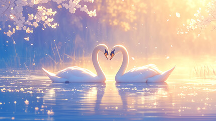 Two Graceful Swans gliding across a calm lake