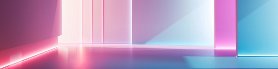 Fototapeta premium Neon room with pink and blue walls, featuring an open door in the background. Wallpaper. Banner, copy space.
