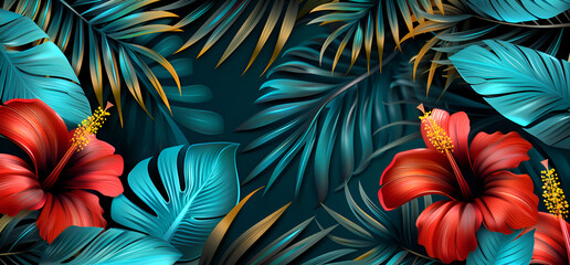 A tropical scene with red flowers and green leaves. The flowers are in the center and the leaves are on the left and right sides. Generative AI
