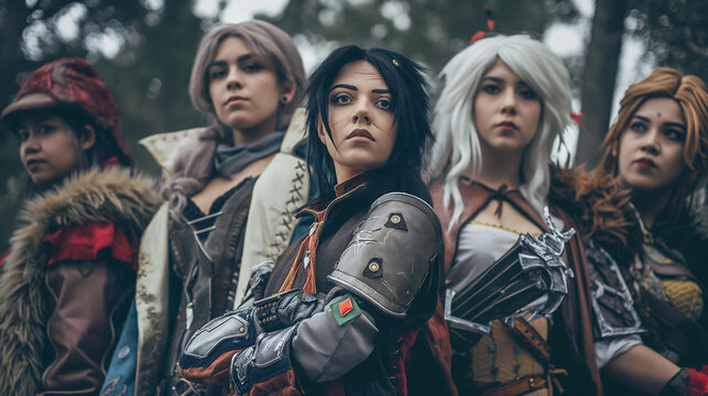 Fantasy Cosplayers in Character Outfits Posing.