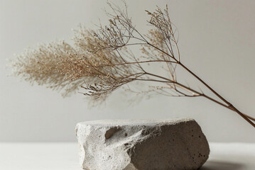Serene display scene, where an empty rock platform with dry twigs serves as a canvas for showcasing your product amidst the tranquility of a neutral beige-gray background.
