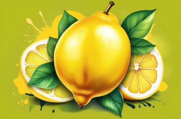 Vibrant artwork of a juicy lemon with fresh slices and green leaves on a zesty yellow background