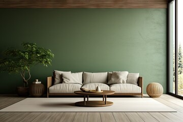 Green-walled living room with white rug