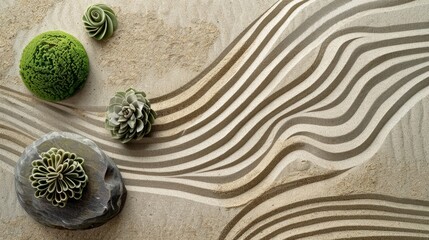 Succulents nestled in wavy sand patterns in a tranquil Zen garden. Background. Wallpaper. Copy space.