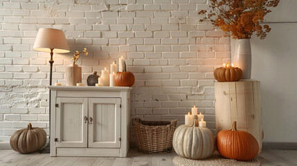 Cabinet with pumpkins lamp and candles near white  - Powered by Adobe