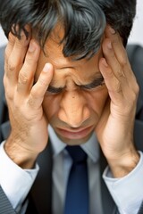 Fototapeta premium A man is holding his head in his hands, looking very stressed