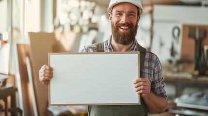 Man with Blank Board in a Workshop Environment.
