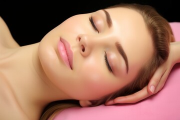 Naklejka premium A woman with long blonde hair is laying on a pink pillow
