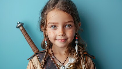 Fototapeta premium Cute little girl dressed as pirate with sword on blue background 