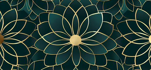 A green floral pattern with gold accents. The flowers are large and the leaves are small. The pattern is very intricate and detailed. Generative AI