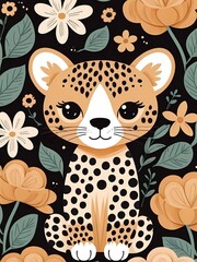 Floral Cute Baby Leopard Nursery Generative AI Illustration 