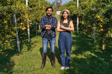 Obraz premium man and a woman stand in a field of oranges