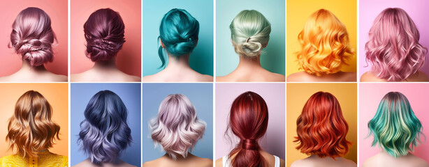 A collage of beautiful women with colorful hair, each model showcasing different hairstyles