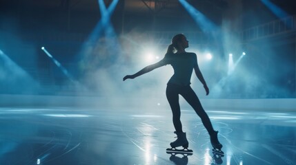 A woman is skating on ice with lights in the background