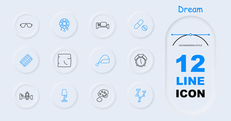 Dream set icon. Slumber, repose, bed, alarm clock, dream catcher, Z, snoring, melatonin, pillow, tablets, pills, sleep cap, lamp, man on doss, neomorphism. Sleep concept.