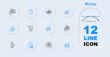 Money set icon. Coins, arrows, profits, losses, financial cycle, deposit, investment, increasing profits, bullion, neomorphism, bank transfer, large amount of money. Working with money concept.