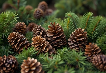Pinecones nestled in needles contrast tightly packed scales with sharp greenery, generative AI