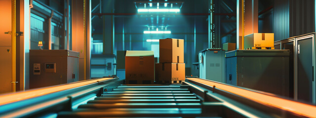 a conveyor with boxes and boxes in the background