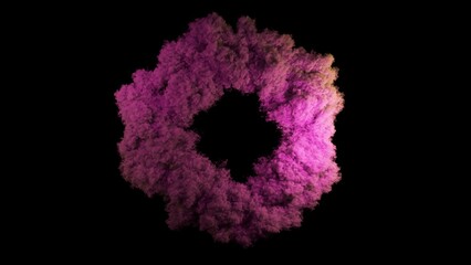 3D animation of abstract art with an explosive smoke structure with flashing neon light on an isolated black background