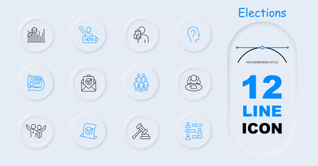 Elections set icon. Magnifying glass, statistics, vote for candidate, sign, reflection, communication, discussion, ID card, envelope, letter, voter, group of people, neomorphism. Voting concept.