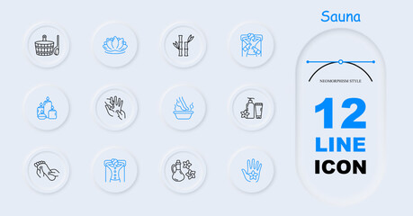 Sauna set icon. Basin with ladle, bamboo, creams and balms, lotus, unity with nature, flower, lighting, candle aroma, feet, foot, arm, back massage, neomorphism, stone therapy. Relaxation concept.