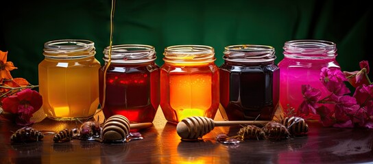 Assortment of jars filled with different types of honey