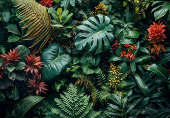 A diverse botanical background showcases an array of tropical foliage, weaving a vibrant tapestry of hues and textures reminiscent of the lush tropical environment.