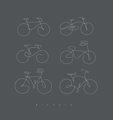Bike icons drawing in hand drawn line art style drawing on grey background