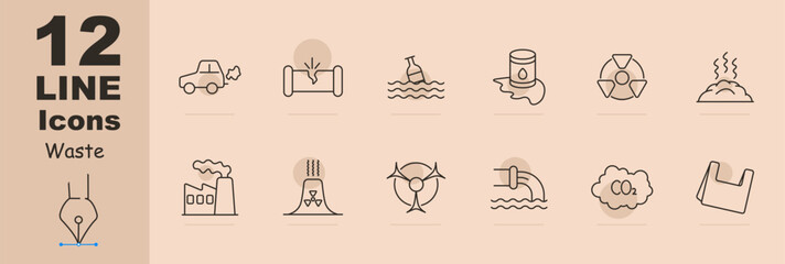 Waste set icon. Car, gas, refuse, tailings, cheeseparings, cracked pipe, bottle, water, garbage in ocean, radiation, rubbish, nuclear plant, nuclear waste, CO2, carbon gas. Refuse concept.