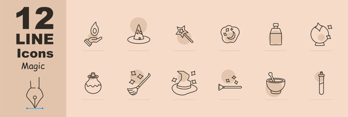 Magic set icon. Tricks, fireball, wizard hat, magic wand, dreams, cloud, moon and stars, enchantments, fortune telling ball, magic broom, flying cane, hat come to life, spice grinder. Focus concept.