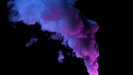 3D animation of thick smoke with flashing neon light on an isolated black background