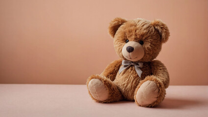 Darling Brown Teddy Bear Stuffed Toy on Pastel Peach Background.