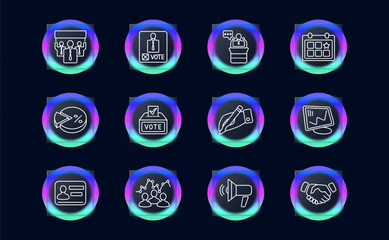 Elections set icon. Vote, candidate, speech, calendar, voting, percentage, diagram, statistics, pencil, hand, record, handshake, loudspeaker, glassmorphism, passport. Electoral campaign concept.