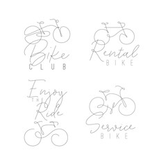 Bike icon labels with lettering drawing in hand drawn line art style drawing on white background