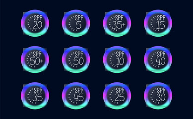 SPF set icon. Sunscreen, indicator, 20, 5, 35, 15, 40, 10, 50, 30, 25, 45, 35, sunburn, caring for appearance, vacation, beach, tanning, glassmorphism. Health care concept.