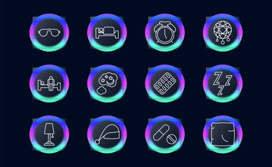 Dream set icon. Slumber, repose, bed, alarm clock, dream catcher, Z, snoring, melatonin, pillow, tablets, pills, sleep cap, lamp, man on doss, glassmorphism. Sleep concept.