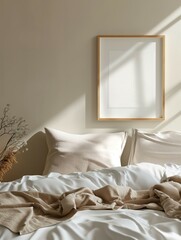 Frame up, simple and modern home bedroom interior background, wall poster frame up, 3D render
