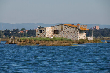 House in Aveiro lagoon Ria de Aveiro located on the Atlantic coast of Portugal