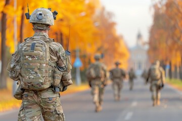Obraz premium Group of Soldiers Walking Down a Street