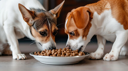 Corgi and beagle sharing a bowl of kibble in a display of friendship and teamwork.