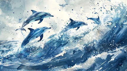 Watercolor Illustrate a playful pod of dolphins leaping joyfully through ocean waves