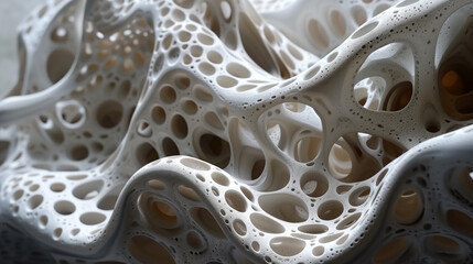 Abstract White Porous Sculpture with Organic Curves and Shadows.