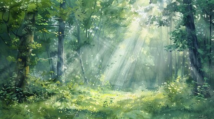 Watercolor Paint a scene of a sun dappled forest clearing, with shafts of light filtering through the canopy above
