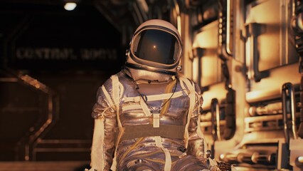 An astronaut sits in the open hatch of a spacecraft overlooking Mars - obrazy, fototapety, plakaty