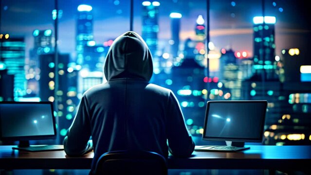 A dangerous hacker hood sits in front of the monitors turned on against the background of the night city. Internet, cyber crime, cyber attack, system breaking and malware concept. Dark face.