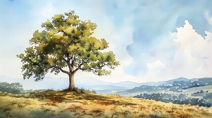 Watercolor Illustrate the quiet beauty of a lone oak tree standing tall against a backdrop of rolling hills