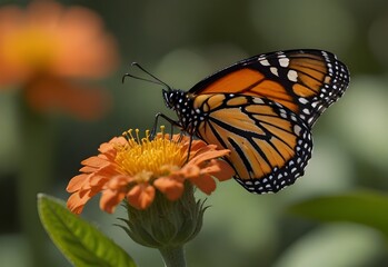 A monarch butterfly rests on a flower, displaying intricate orange and black patterns, generative AI